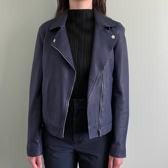 Massimo Dutti Blue Leather Jacket Size XS - Picture 2 of 13